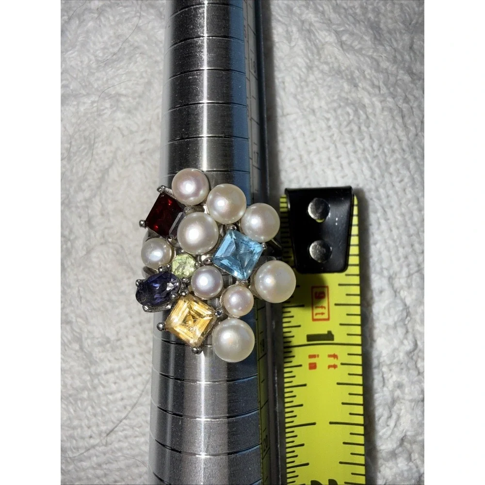 Sterling Silver 925 Ross Simons Cultured Pearl & Multi Gemstone Ring Size 8* VTG